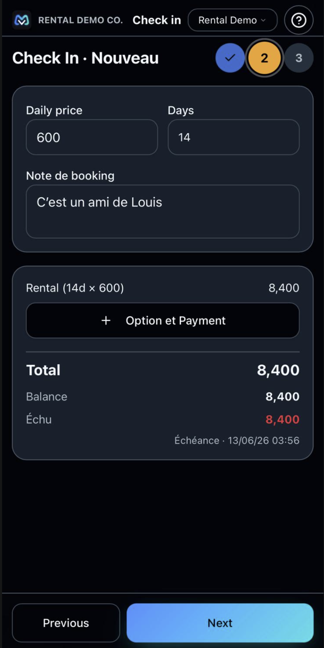 Movialy — étape 2 du check-in : tarif et total