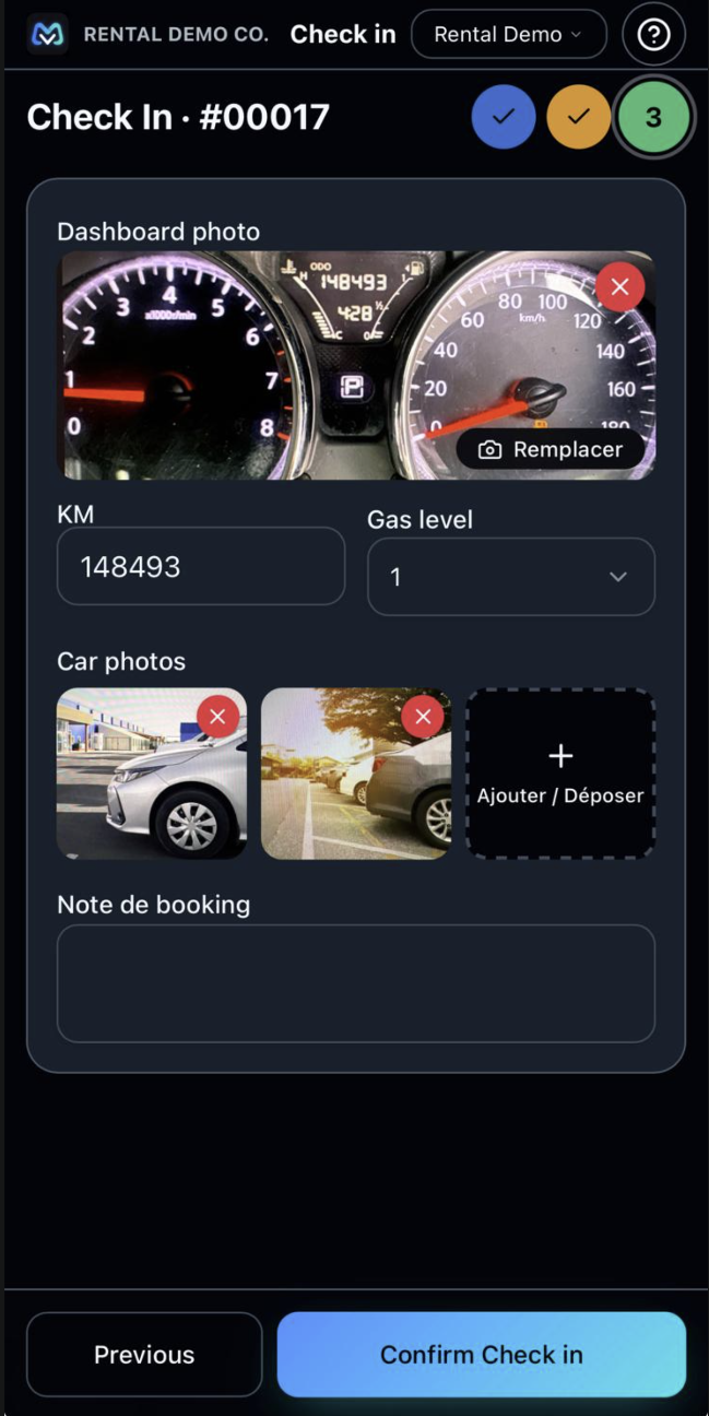 Check-in Movialy — photo du tableau de bord avec lecture automatique du compteur